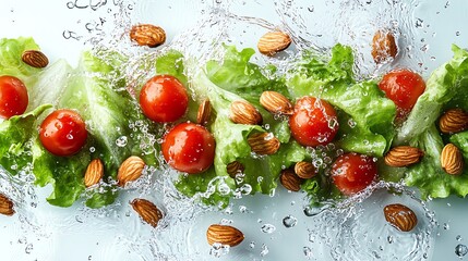 Fresh lettuce, tomatoes, and almonds splashing in water.