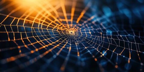 A close-up view of a beautifully intricate spider web illuminated by soft, glowing lights creating a mesmerizing effect.