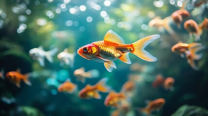 Sticker - Vibrant School of Goldfish in an Aquarium