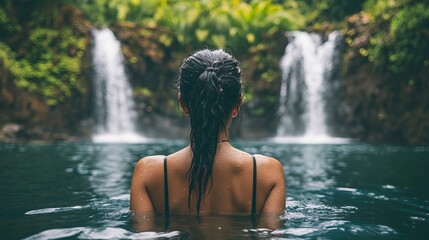 A woman in a black swimsuit swims in a serene jungle pool with two cascading waterfalls in the background, enjoying the refreshing water and natural beauty surrounding her.