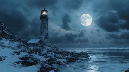 Poster - Snow-covered lighthouse on a rocky shore under a full moon, with the light from the beacon cutting through the cold night. 4K hyperrealistic photo.