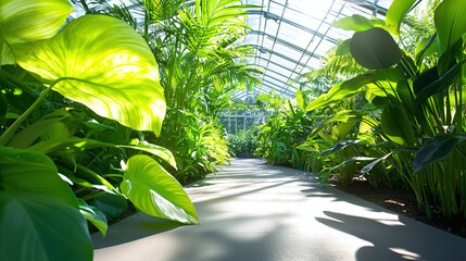 a greenhouse environment with an efficient irrigation system and thriving plants