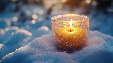 Wall Mural - Close-up of a snow-covered candle holder, with frosted glass and a warm, glowing flame inside. 4K hyperrealistic photo.