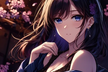 beautiful anime girl with long brown hair and blue eyes. She is wearing a blue dress and is surrounded by pink cherry blossom trees in a flowing motion.