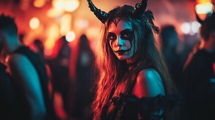 Wall Mural - A young woman dressed up as a devil at a Halloween party