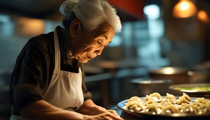 Wall Mural - Close-up of an aged Asian female chef skillfully preparing delicious dumplings in a renowned restaurant kitchen