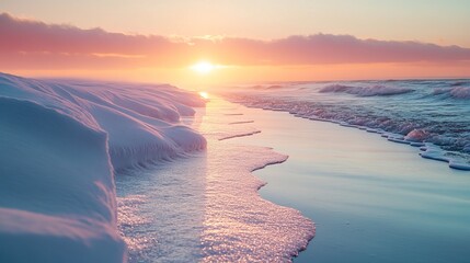 Wall Mural - Sunset walk along a snow-covered beach, with icy waves gently lapping at the shore and a pastel-colored sky. 4K hyperrealistic photo.