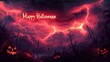 © A Denny Syahputra - A haunting Halloween banner showcasing vibrant red text against a dark, stormy sky filled with lightning bolts and eerie pumpkins