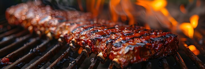 A close-up shot of succulent ribs sizzling on a flaming grill, covered in a rich glaze, highlighting the mouth-watering appeal of traditional barbecue with a perfect smoky char.