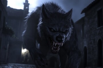 Imaginative fantasy scene picture of a werewolf in a forest filled with scary monsters