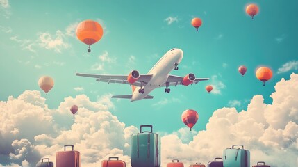 Travel and tourism concept, ravel bag with plane, Airplane flying above tourists luggage, Illustrator Artwork