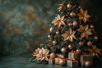 A Christmas tree decorated with metallic gold and silver ornaments, poinsettias flowersat, presents under the tree, dark green background