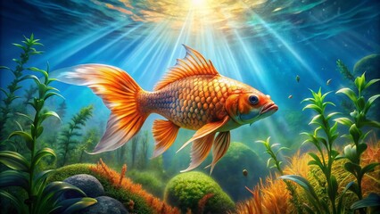 Vibrant orange and blue Chinese dragon fish swim amidst lush green aquatic plants in a serene and peaceful