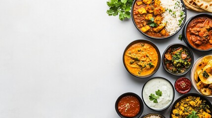 Indian food dishes served on a white background.