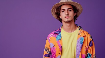 Wall Mural - Photo portrait of pretty young male hold empty space wear trendy colorful outfit isolated on violet color background