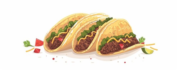 Three Delicious Tacos with Toppings, digital illustration, white background, tacos, mexican food, fast food