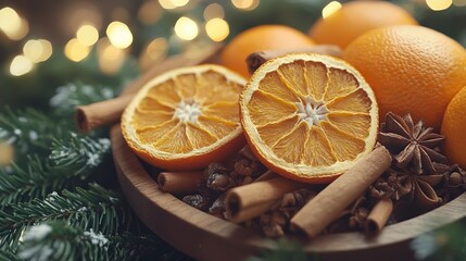 Crafting homemade Christmas potpourri with dried oranges, cinnamon sticks, and cloves, ready to be packaged as gifts. 4K hyperrealistic photo.