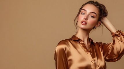 Wall Mural - Photo of lovely stunning pretty lady wear brown satin trendy blouse demonstrate empty space isolated on khaki color background