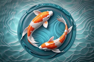 Vibrant orange and white koi fish form a stylized circular logo, surrounded by subtle ripples and waves, symbolizing