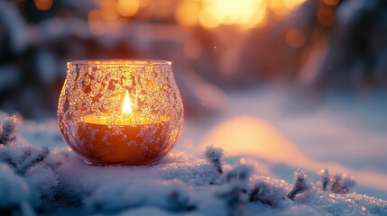 Wall Mural - Close-up of a snow-covered candle holder, with frosted glass and a warm, glowing flame inside. 4K hyperrealistic photo.