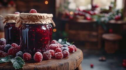 Making homemade holiday jam with fresh berries, sugar, and jars ready for sealing, on a rustic kitchen table. 4K hyperrealistic photo.