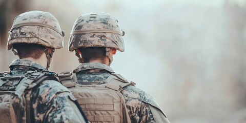 Two soldiers in camouflage uniforms standing together, showcasing unity and camaraderie in a military environment.