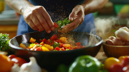 The vibrant process of making traditional Hispanic dishes in a bustling kitchen with close-up shots of fresh ingredients, colorful spices and family members cooking together