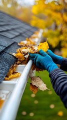 Wall Mural - A person cleaning the leaves from their roof's eaves, wearing blue gloves, downspout