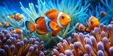 Vibrant orange clownfish swims alongside school of small blue fish amidst coral reef, with sea anemone and seaweed