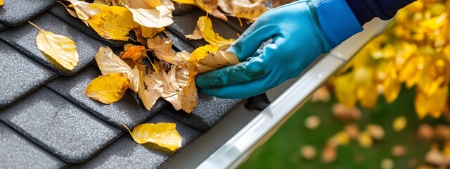 Wall Mural - A person cleaning the leaves from their roof's eaves, wearing blue gloves, downspout