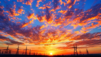 Wall Mural - Stunning sunset panorama featuring vibrant colors and industrial power lines silhouetted against a dramatic sky