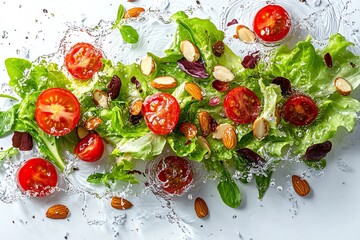 Wall Mural - Fresh salad with cherry tomatoes and almonds splash in water.