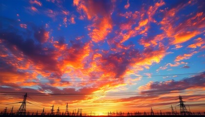 Wall Mural - Stunning sunset panorama featuring vibrant colors and industrial power lines silhouetted against a dramatic sky