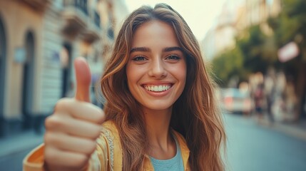 Canvas Print - Cheerful woman showing thumb up sign on social media