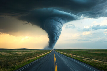 Tornado Crossing Highway Captivating Image of Nature's Raw Power and Danger.