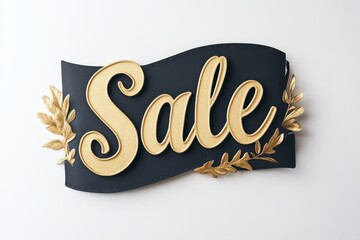 Elegant sale sign with golden lettering and decorative elements for promotion in a retail store, perfect for seasonal offers