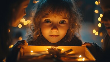 Wall Mural - Childâ€™s face lighting up as they open a gift theyâ€™ve been dreaming of, with family gathered around in excitement. 4K hyperrealistic photo.