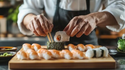 A Japanese chef prepares uni nigiri for omakase dining. Traditional Japanese omakase style.
