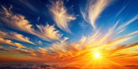 Vibrant orange sun peeks through delicate, wispy clouds, casting a warm glow on a serene blue sky with