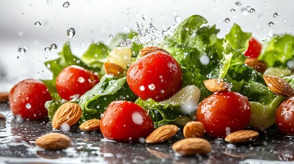 Wall Mural - Fresh salad with cherry tomatoes, almonds, and lettuce being splashed with water.