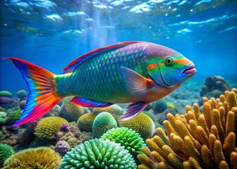 Vibrant parrotfish swims in crystal-clear turquoise water surrounded by coral reef, its scales shimmering in the