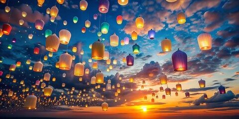 Vibrant paper lanterns in soft pastel hues ascend into a serene, cloud-dotted blue sky, carrying wishes and dreams