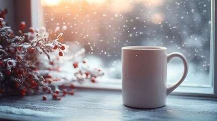 Mockup of a white coffee mug set against a snowy window, with frost patterns and snowflakes gently falling outside, perfect for winter-themed designs. 4K hyperrealistic photo.