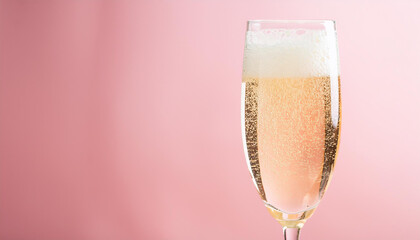 Glass of champagne with foam on light pink background. Alcoholic drink. Tasty festive beverage.