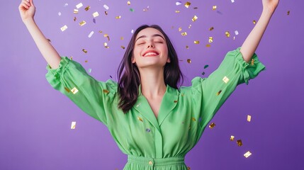 full body photo of attractive teen woman celebrate confetti dressed stylish green clothes isolated on violet color background