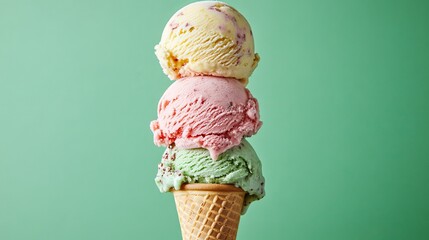 Triple-layered ice cream cone with colorful scoops in green background