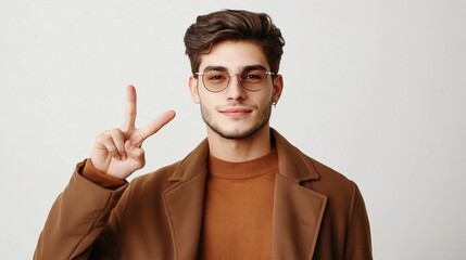 Photo portrait of pretty young male show v-sign wear trendy brown outfit