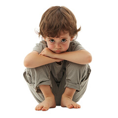 A child sitting cross-legged with a sad face, arms wrapped around their knees. isolated on transparency background