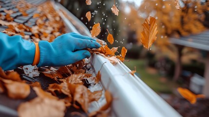 Wall Mural - A person cleaning the leaves from their roof's eaves, wearing blue gloves, downspout