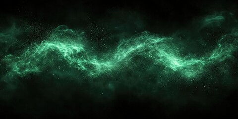 Sticker - Abstract glowing green dust particles floating on a dark black background, creating an ethereal and otherworldly scene with swirling cosmic energy, evoking futuristic and sci-fi visual aesthetics
